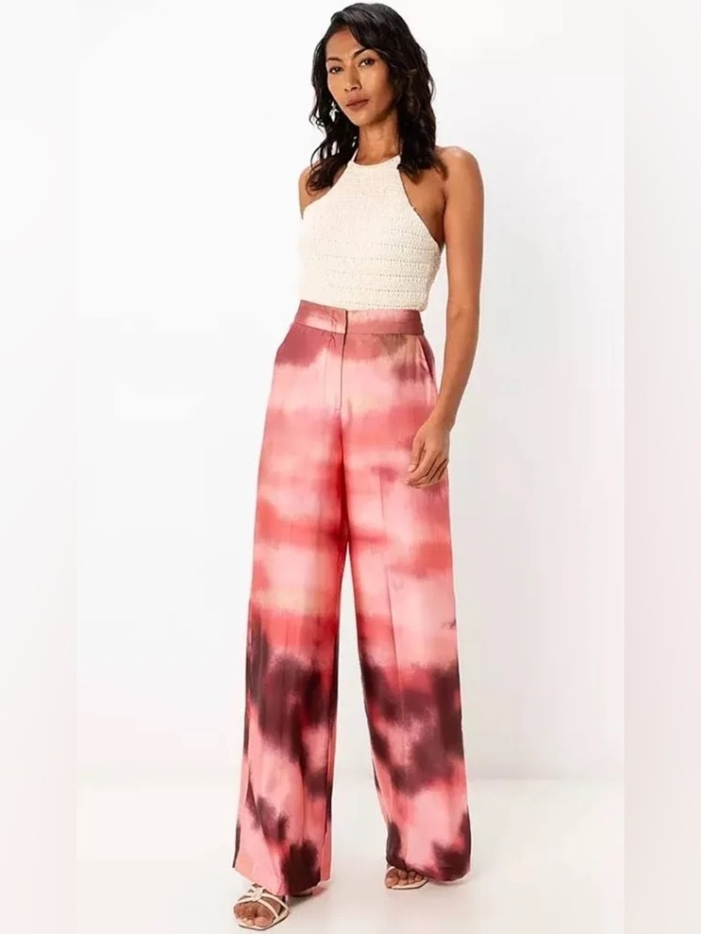 Zara Tie Dye Print Wide Led Pants Pink Satin Effect High Rise